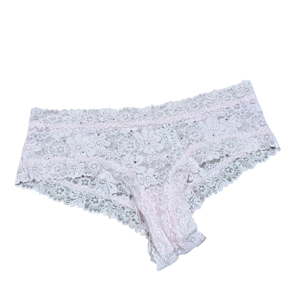 Victoria's Secret PINK‎ Light Pink Floral Lace Rhinestone Cheeky Panties Medium